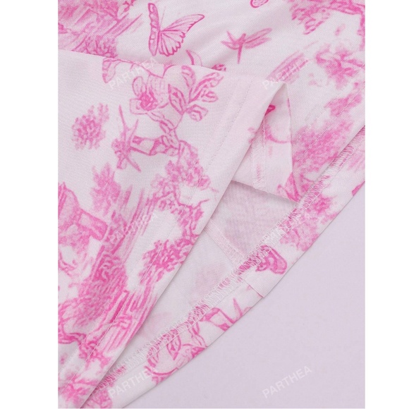 Floral Print Pink on White Long Dress Sheath, Drawstring Ties Maxi Stretchy - Picture 12 of 15